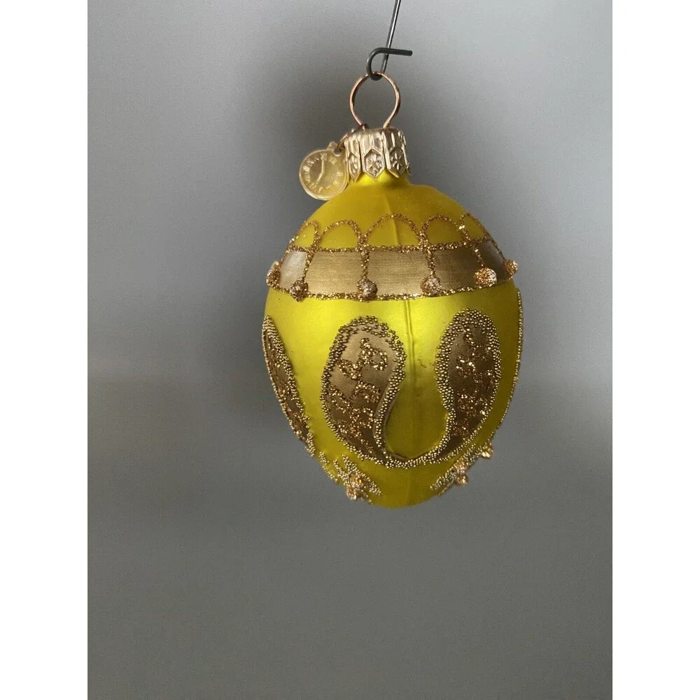 Poland Glass Christmas Ornament Lime Green Gold Glitter Clock Charm Holiday Tree